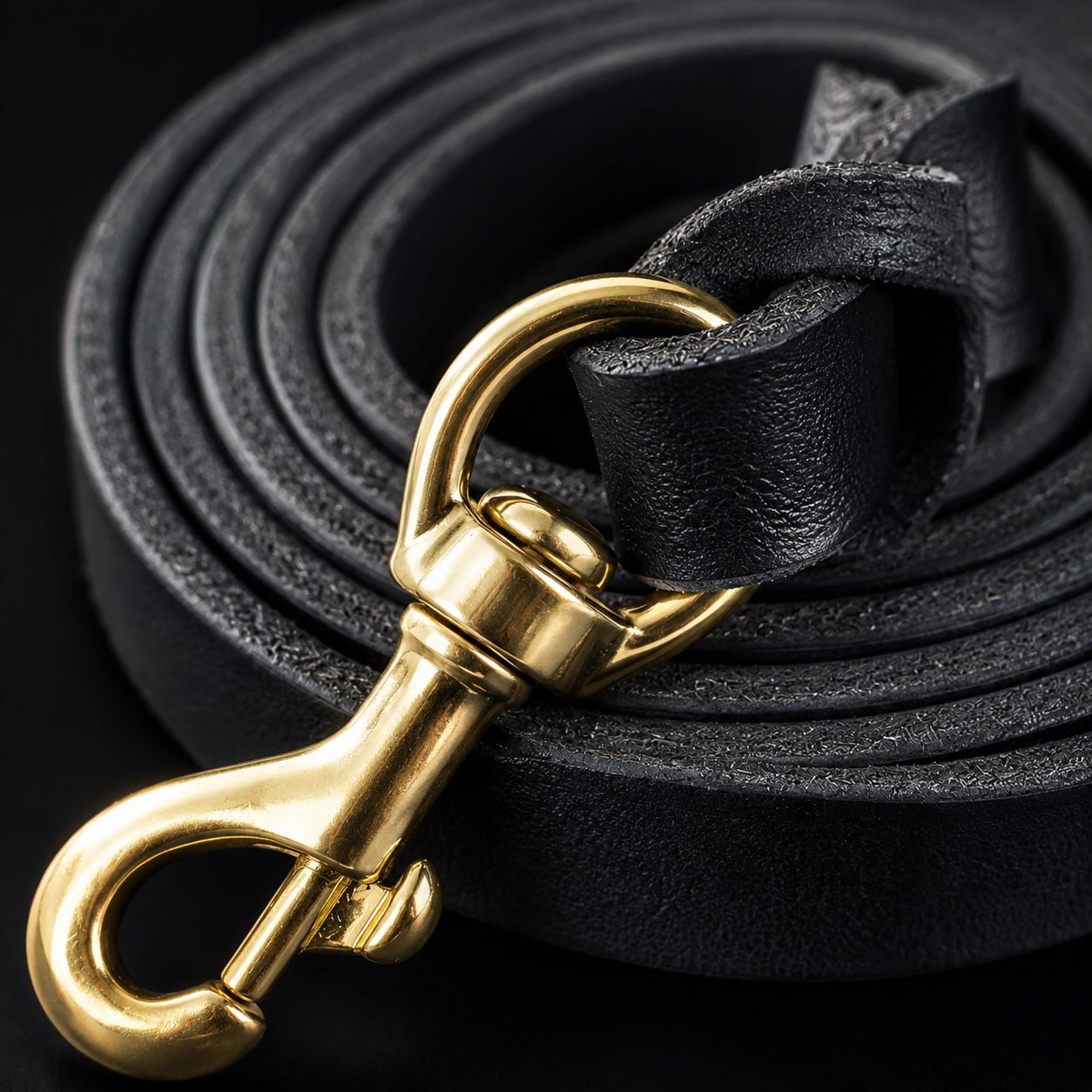 Close-up of Solid Brass Buckle and D-ring on Black Leather Dog Leash