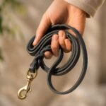 Hand Holding Genuine Black Leather Dog Leash with Brass Hardware
