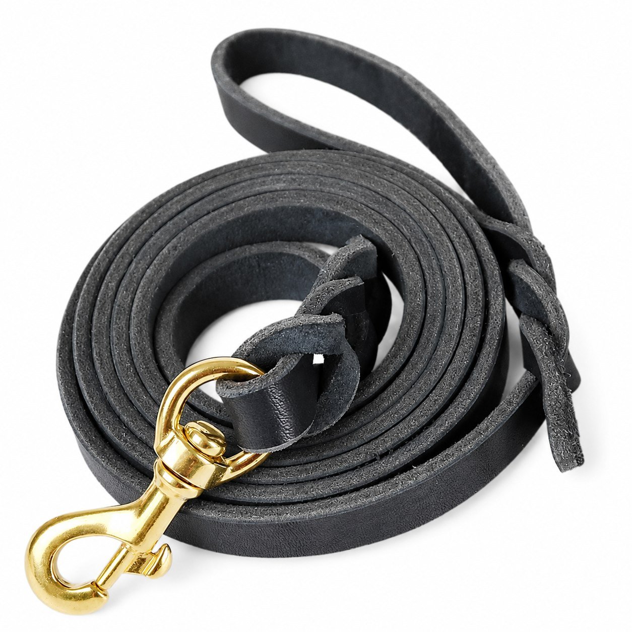 Genuine Black Leather Dog Leash with Brass Buckle on White Background