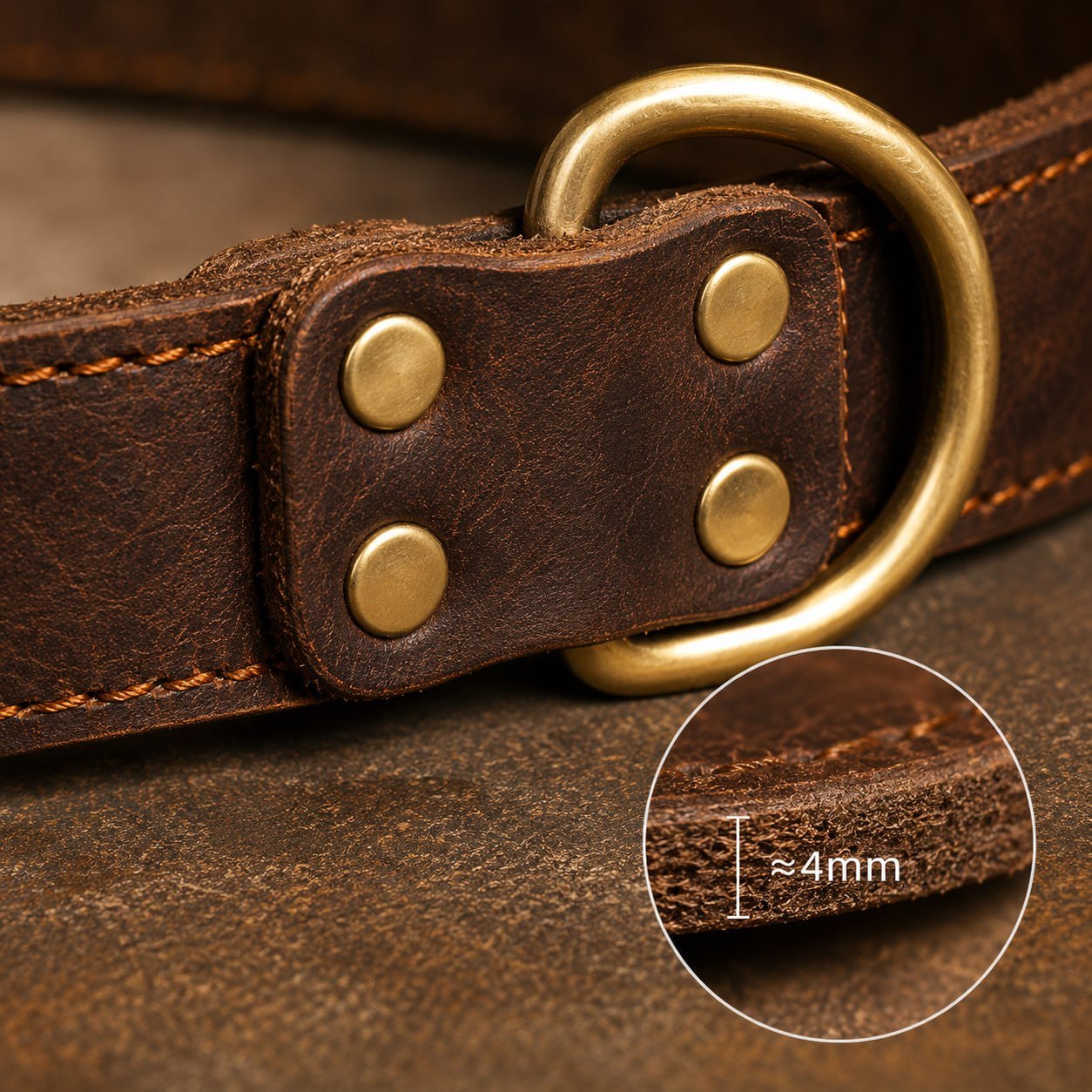 Close-up of full-grain leather texture and double stitching on vintage brown dog collar