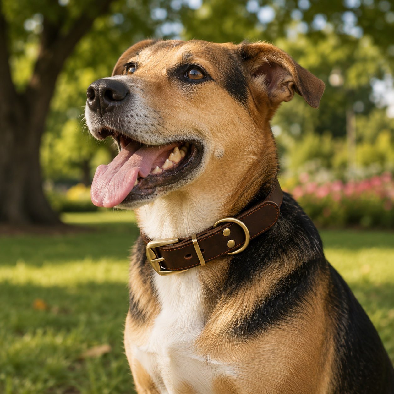 Dog wearing a vintage brown leather collar with antique gold hardware in outdoor setting