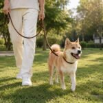 Brown Leather Dog Leash with Brass Hardware on Outdoor Walk with Dog